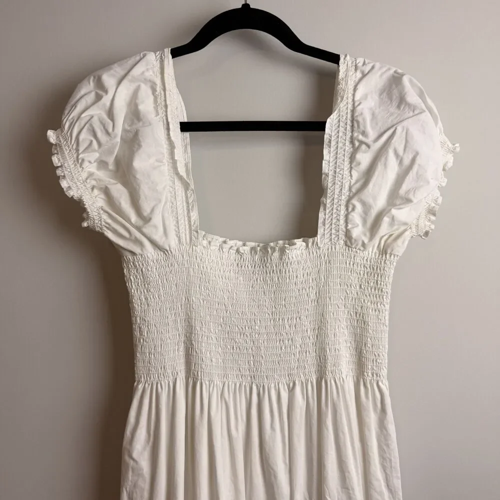O.P.T Lazy Afternoon Dress White Maxi Medium Smocked Cotton Lined Puff Sleeve - Picture 9 of 15